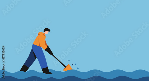 Man in protective gear actively cleans up a flooded area, symbolizing flood recovery, disaster relief, and environmental clean-up efforts.