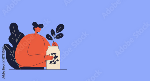 Minimalist illustration of a person caring for a potted plant, symbolizing environmental sustainability, growth, and eco-friendly living.