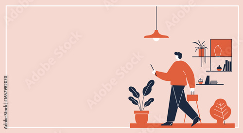 Modern man uses technology in a minimalist home or office setting. Illustrates smart living, remote control, and a comfortable digital lifestyle.