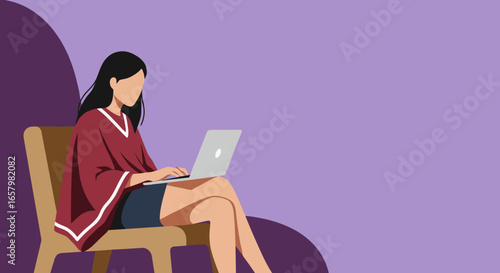Woman works on laptop at home, illustrating remote work, online learning, or digital lifestyle. Perfect for business, education, or freelance concepts.