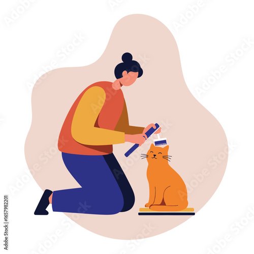 Person gently brushes a happy cat, illustrating pet care and loving companionship. Ideal for animal welfare, domestic life, or veterinary concepts.