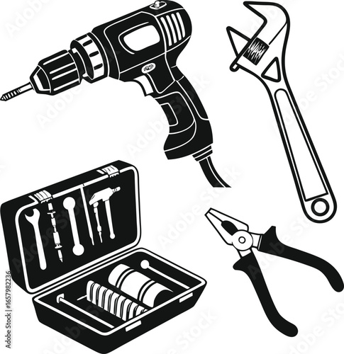 tool set vector with drill wrench screwdriver and toolbox silhouette
