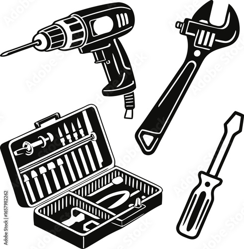 tool set vector with drill wrench screwdriver and toolbox silhouette