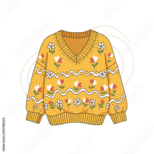 Charming yellow v-neck sweater adorned with delightful floral and wavy patterns perfect for casual wear