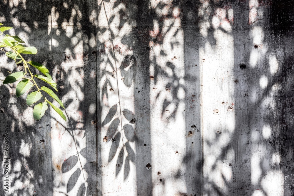Fototapeta premium Leaves cast shadows on weathered wall