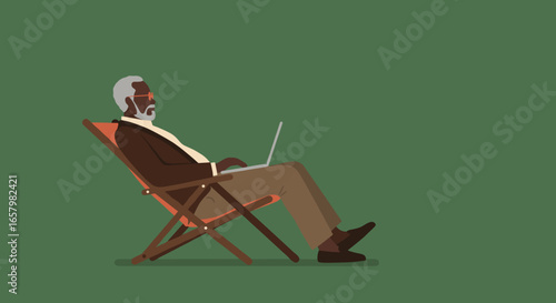 Senior man working remotely on laptop in a relaxed setting, blending productivity with leisure. Ideal for business, lifestyle, and technology themes.