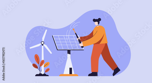 Person activating renewable energy with a solar panel and wind turbine, symbolizing sustainable power, environmental care, and a green future. Ideal for eco-friendly concepts.