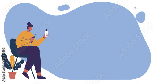 Woman reviewing a product bottle, likely hand sanitizer or cosmetic, while engaging with technology. Ideal for health, beauty, hygiene, or lifestyle concepts with copy space.