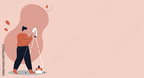 A modern flat-design illustration of a focused person setting up a camera on a tripod, perfect for creative work, content creation, or online business concepts.