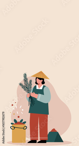 Traditional Asian farmer harvesting fresh produce with a conical hat. Represents organic farming, natural ingredients, and rural agricultural practices.
