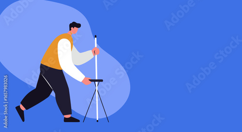 Illustration of a person setting up a stand or easel on a blue background, perfect for concepts of creativity, preparation, or presentation.
