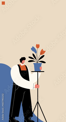 Person tending to a vibrant potted plant on a stand, symbolizing home gardening, care, and peaceful indoor hobbies. Ideal for lifestyle and well-being.