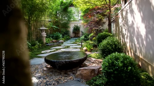 A serene Japanese garden with meticulously placed stones, a tranquil water feature, and a curved wooden bench.