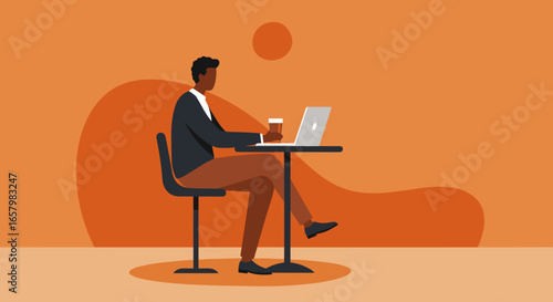 Professional Black man working remotely on laptop at a cafe, enjoying coffee. Represents modern business, freelance, and digital nomad lifestyle.