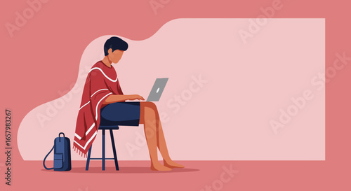 Person in casual attire working on a laptop, embodying remote work, digital nomad lifestyle, or online learning. Ideal for tech, business, or travel concepts.