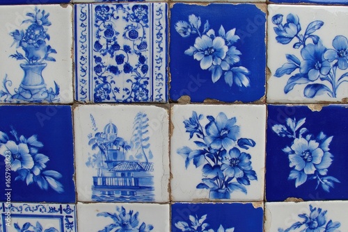 Blue and white patterned tiles, floral motifs