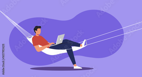 Relaxed man working on a laptop in a hammock, symbolizing remote work flexibility, comfort, and a balanced digital lifestyle. Ideal for business concepts.