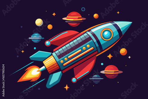 Vector art of a cartoon rocket ship hurtles through space, surrounded by planets and stars, ready for an exciting interstellar journey