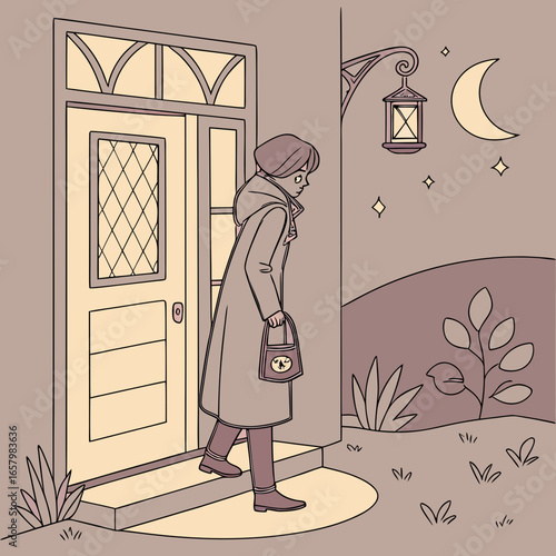 Vector art of a charming illustration of a woman walking towards a door at night, with a crescent moon and stars in the sky