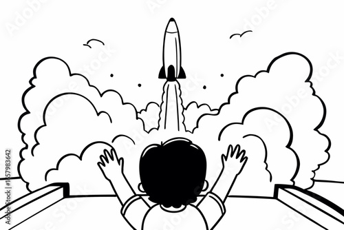 Vector art of a child watches a rocket launch into space with excitement a symbol of dreams, innovation, and the future