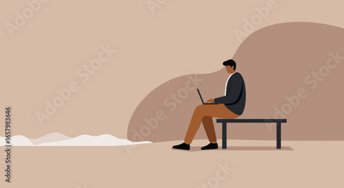 Man working remotely on laptop outdoors, sitting on a bench. Illustrates digital nomad lifestyle, productivity, and modern business flexibility.