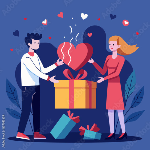 Vector art of a couple exchanges a heart shaped gift from a box filled with love and affection on a romantic valentines day