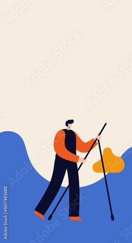 Flat illustration of a man using trekking poles, possibly hiking or Nordic walking outdoors. Conveys adventure, fitness, and exploration.