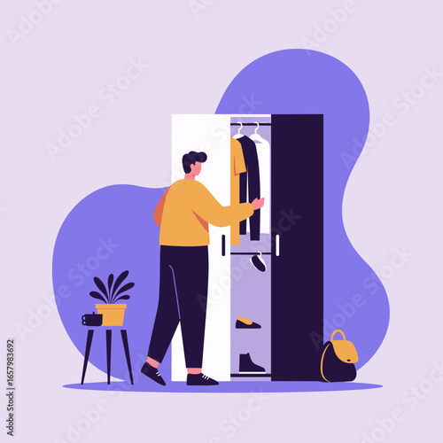 Man choosing clothes from an open wardrobe, preparing his outfit for the day. Illustrates daily routine, personal style, and home life.