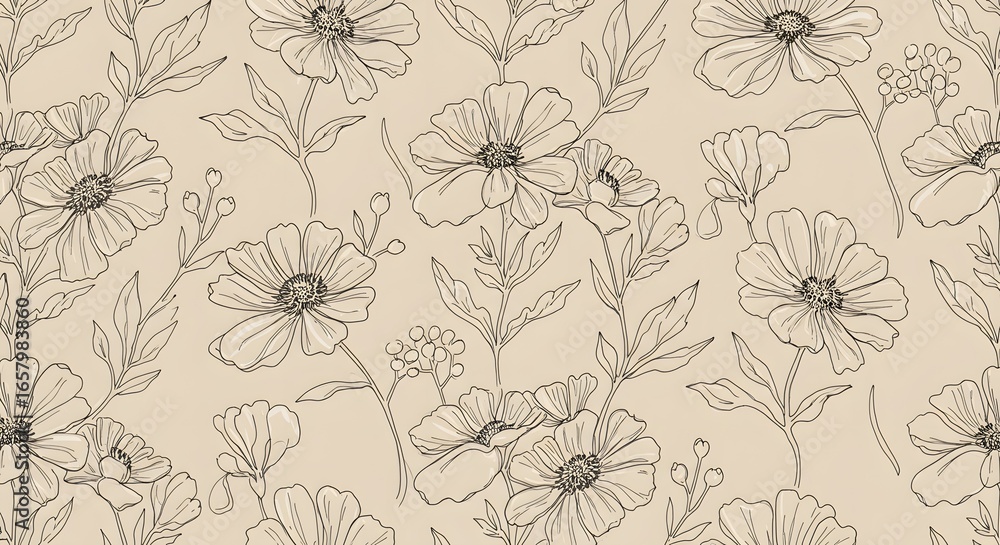 Fototapeta premium Elegant Wildflower Line Art A Seamless Botanical Pattern on a Soft Beige Canvas.