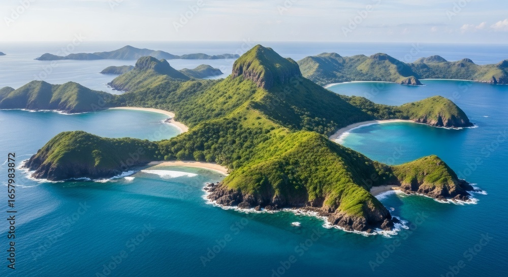 Fototapeta premium Aerial view of lush green Karst Limestone Towers rising from turquoise ocean water, showcasing a vibrant tropical island landscape with white sand beaches.