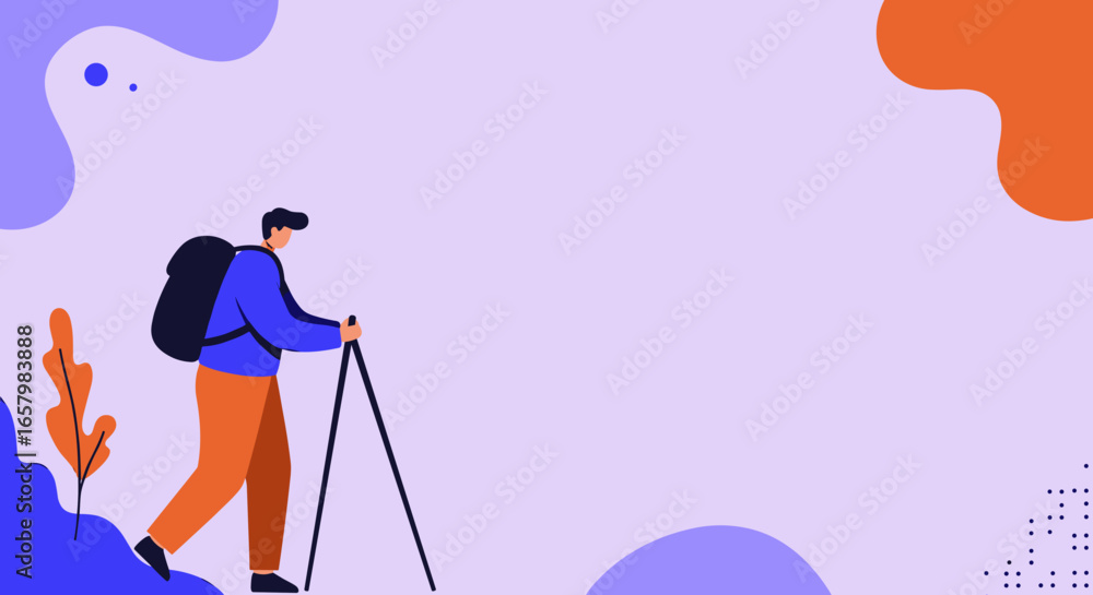 Fototapeta premium Man hiking with backpack and trekking poles, enjoying outdoor adventure and nature. Concept for travel, healthy lifestyle, and exploration.