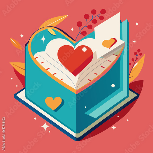 Vector art of a heartshaped book with a love letter is a symbol of romance, literature, and the joy of reading and writing stories