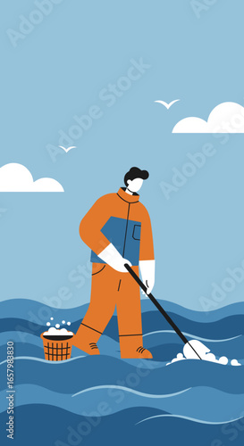 A dedicated individual cleans the ocean, removing pollution to protect marine life and ensure a sustainable environment. Represents conservation efforts and environmental responsibility.