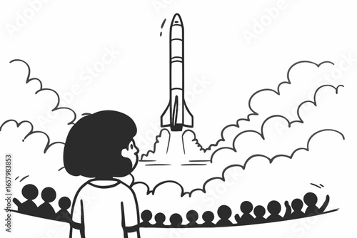 Vector art of a group of people watch a rocket launch into space a symbol of human achievement and technological advancement