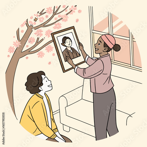 Vector art of a heartwarming scene of a mother and daughter reminiscing over a framed photo, capturing a tender moment of family connection