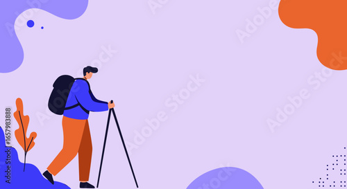 Man hiking with backpack and trekking poles, enjoying outdoor adventure and nature. Concept for travel, healthy lifestyle, and exploration.