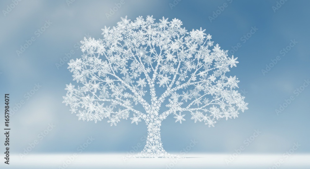 Obraz premium A tree silhouette crafted from snowflakes against a serene, light blue cloudy sky. It represents winter with a simple elegance