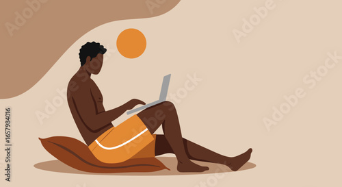 Relaxed man works on laptop on a pillow, embodying remote work and digital nomad lifestyle. Perfect for summer, travel, and business concepts.