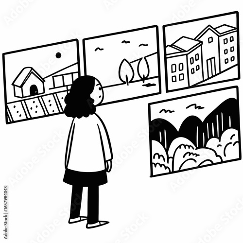 Vector art of a woman is looking at art paintings in a gallery, appreciating the beauty of landscape and house compositions