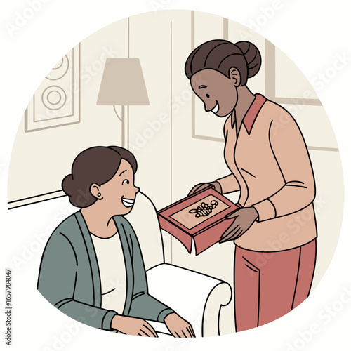 Vector art of a woman giving a gift to her friend, expressing love, care, and support in a heartwarming illustration