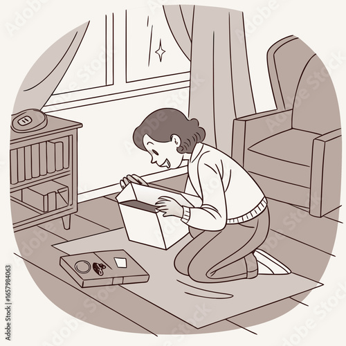 Vector art of a woman kneeling on the carpet in a room, opening a cardboard box with a look of surprise and nostalgia on her face