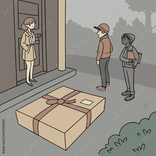 Vector art of a woman receives a large package at her door, with two delivery boys waiting, illustrating the convenience of online shopping