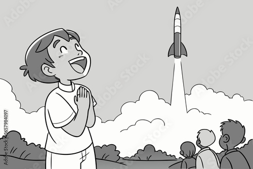Vector art of a young boy watches with joy as a rocket launches into the sky, symbolizing dreams, aspirations, and the pursuit of knowledge