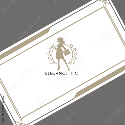 Vector art of elegant business card design featuring a stylish woman silhouette and art deco frame, perfect for a fashion or beauty company