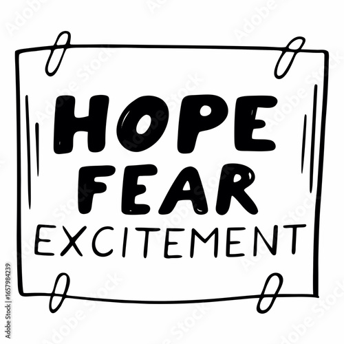 Vector art of handwritten sign with the words hope, fear, and excitement in a doodle style