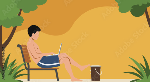 Relaxed man uses laptop outdoors on a bench, embodying remote work, digital nomad lifestyle, or summer productivity. Ideal for tech and leisure themes.