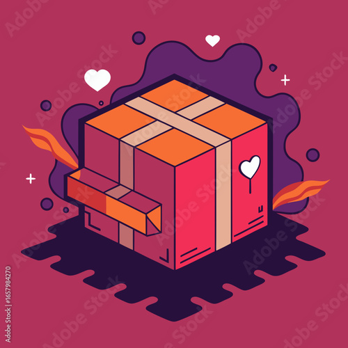 Vector art of isometric gift box with hearts and ribbon, perfect for valentines day or any special occasion, a symbol of love and care