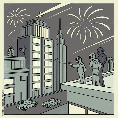 Vector art of night view of a city with fireworks and classic cars, featuring people on a rooftop in a retro urban scene