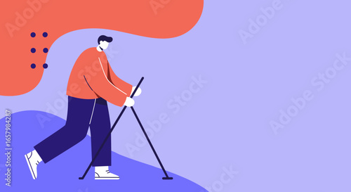 Illustration of a person Nordic walking, promoting an active and healthy lifestyle. Ideal for fitness, wellness, and outdoor activity themes.