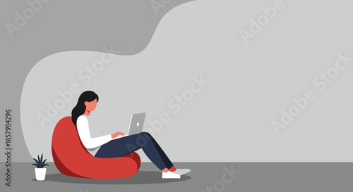 Woman working remotely on a laptop, comfortably seated on a bean bag chair. Represents modern productivity, work-life balance, and flexible living.